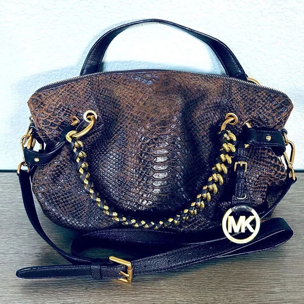 Michael Kors Brown Python Snake Textured Leather Satchel Handbag Purse
